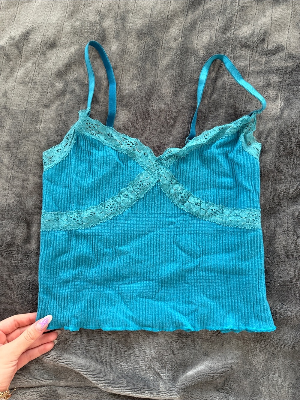 Urban Outfitters Teal Ribbed Lace-Trim Camisole Top with Adjustable Straps